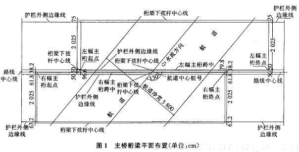 圖1 主橋桁梁平面布置(單位：cm)